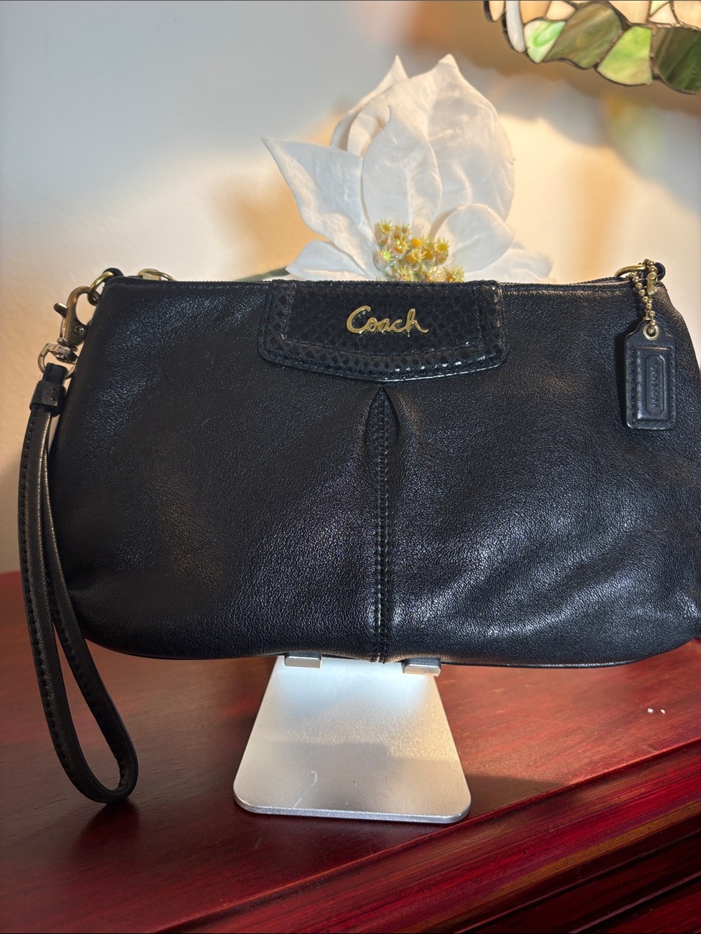 Coach Black Leather Wristlet with Gold Logo